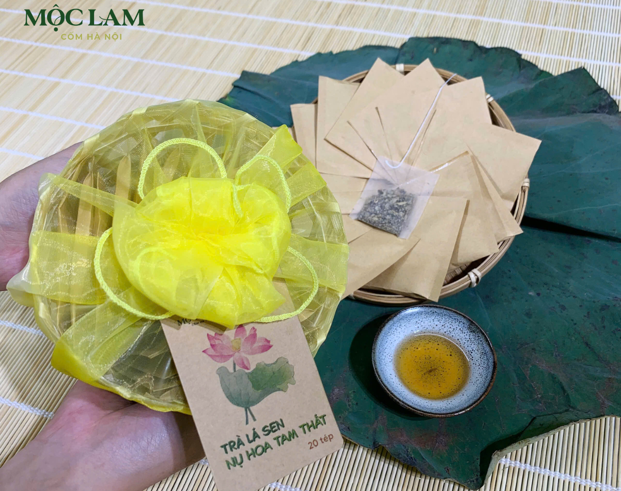 Giỏ Quà Thu Hà Nội - Mộc Lam 4 Trà lá sen nụ hoa tam thất - Cốm Mộc Lam