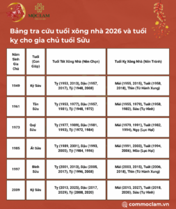 Bảng tra cứu tuổi xông nhà 2026 và tuổi kỵ cho gia chủ tuổi Sửu